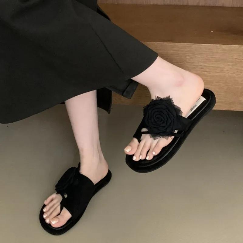 

Женские тапочки на плоской подошве, элегантные, однотонные, с круглым носком, шлепанцы с клипсой, летние, в стиле феи, с цветочным принтом, дизайнерские, Zapatillas Mujer 35 чёрный