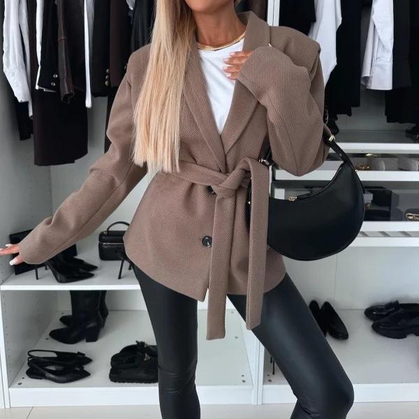 YYFS Women's Fashion Casual Fall Winter Solid Color Print Long Sleeve POLO Neck Woolen Coats