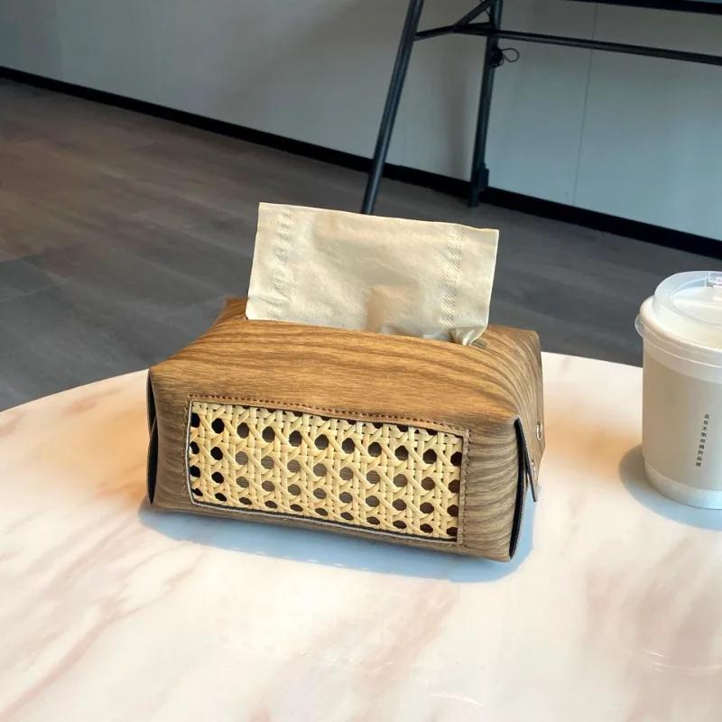 PU Leather Tissue Box with Wood Grain Texture, Multi-Scenario Luxury Napkin Holder for Hotel/Home/Car, Scratch-Resistant Surface