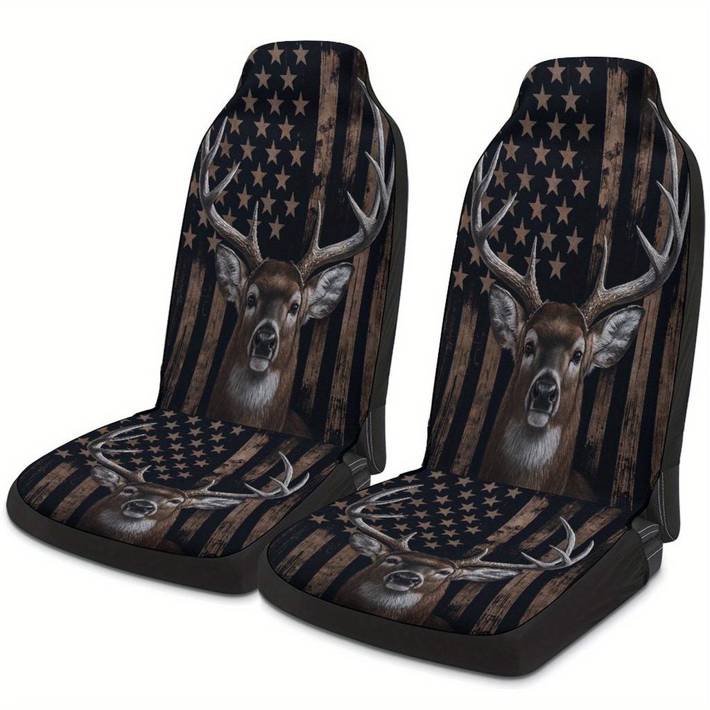 Deer With USA Flag Designed Car Seat Cover Set For Most Cars, High-quality Comfortable Car Seat Protector Covers Full Set, Unive