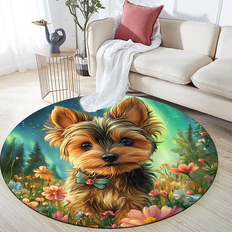 Yorkshire Terrier Round Area Rug,Carpet Rug for Living Room Bedroom Sofa Playroom Decor,Non-slip Floor Mat