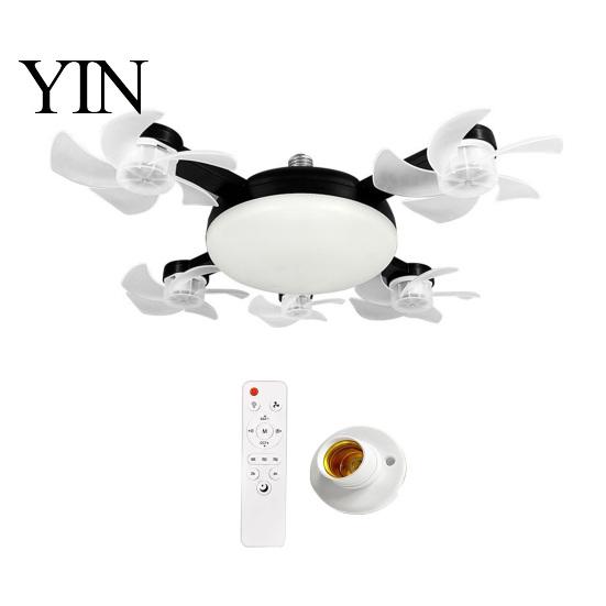 E27 Socket Fan 3/4/5 Blade Ceiling with Light & Remote Control, 2-in-1 Silent LED Drone Compact Ventilation Lamp Foldable Blades, 3-Speed Dimmable for