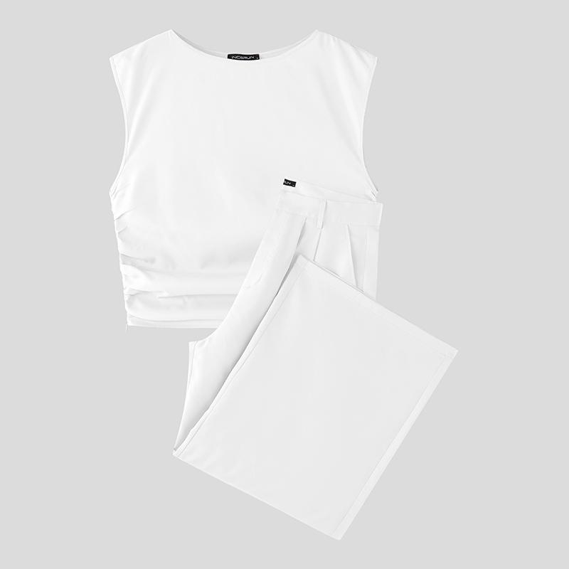 

INCERUN Men Two Pieces Sleeveless Ruffled Tank Tops and Trousers Casual Pants Sets Outfits S