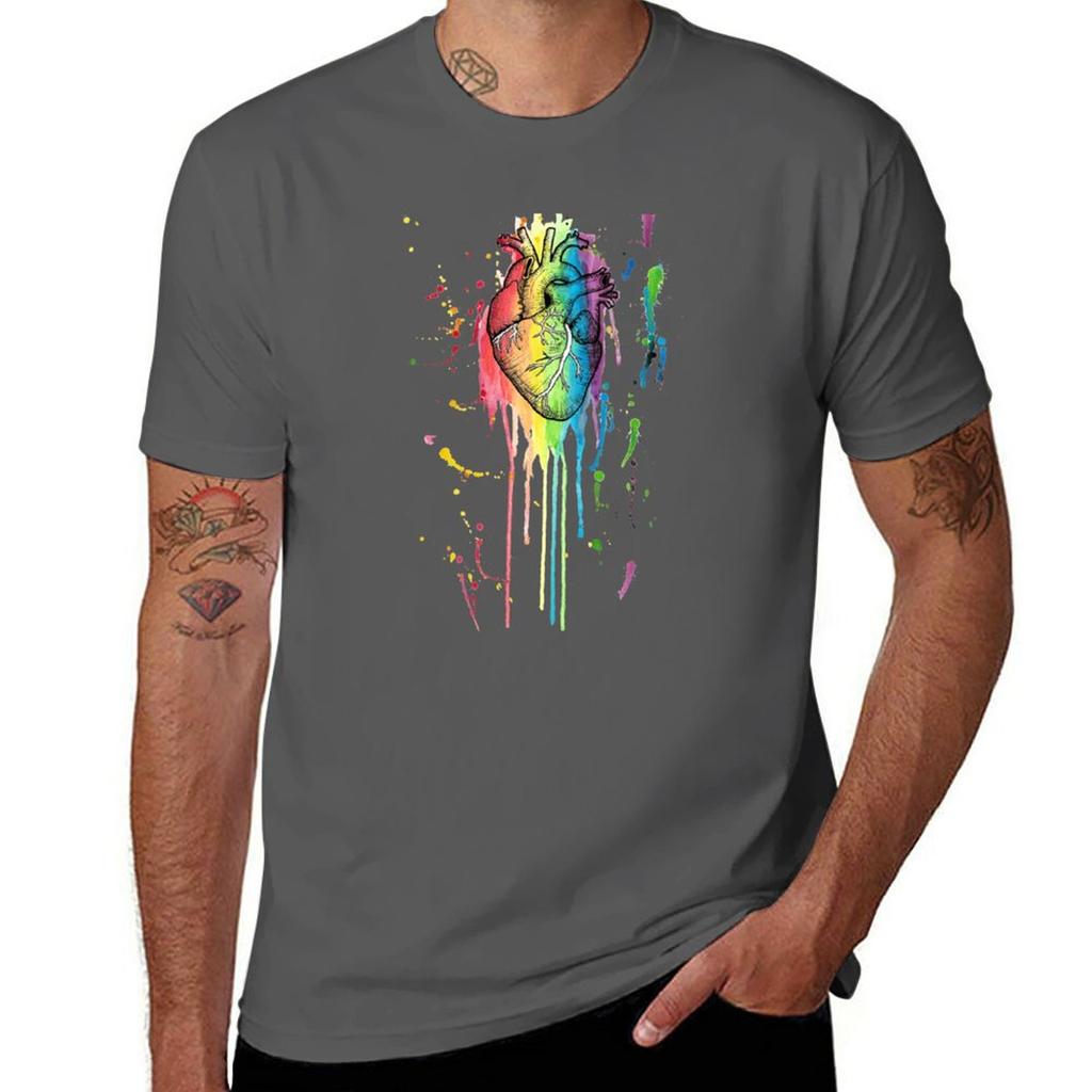 Watercolour and Pen Rainbow Anatomical Heart TShirt for a boy graphics animal prinfor boys t shirts men