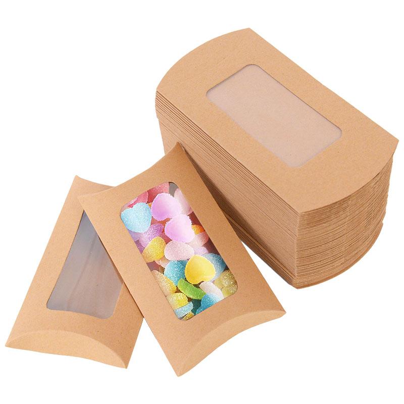 20/10 Pezzi Scatola Biscotti Caramelle Forma Cuscino con Finestra Matrimonio Natale Carta Kraft Scatole Confezionamento Regali Forniture Festa di Compleanno