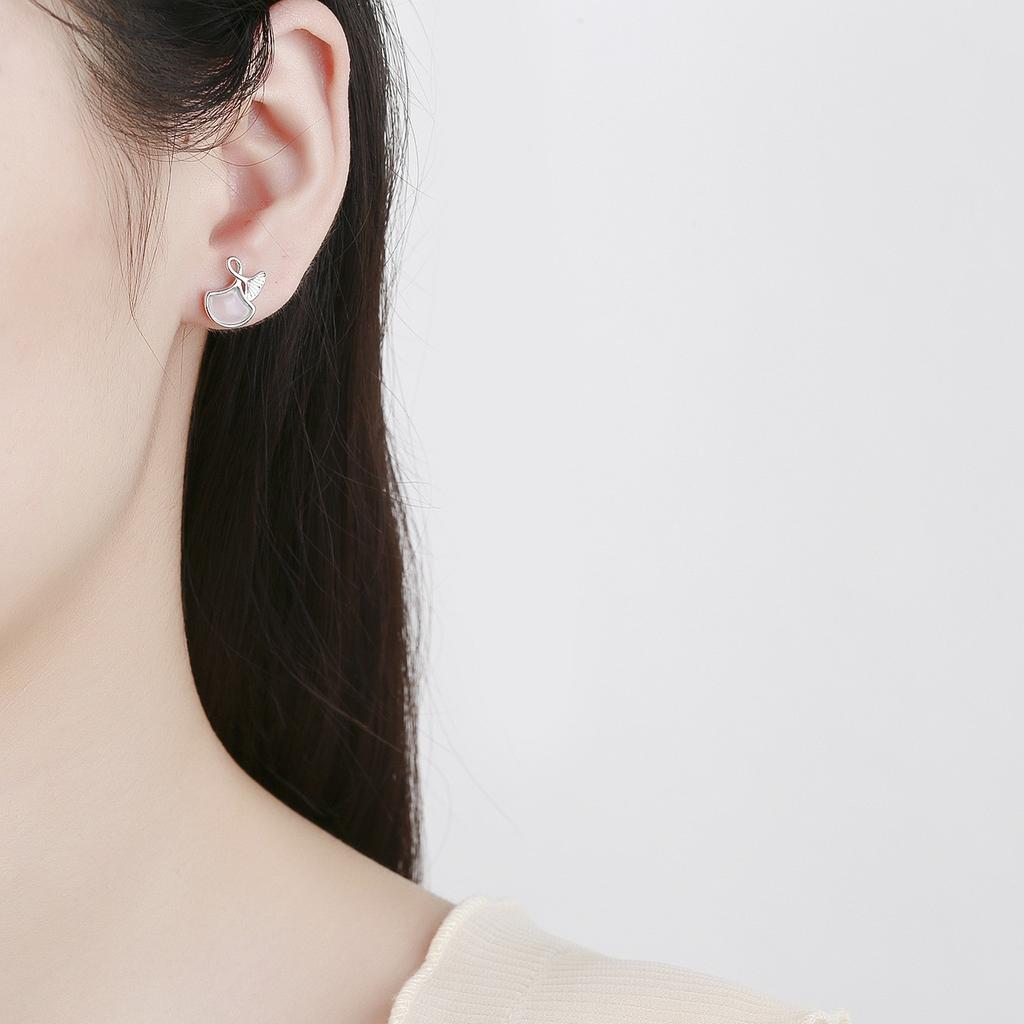 S925 Sterling Silver Sansheng Apricot Stud Earrings Female Excellent Elegant White Fritillary Ginkgo Leaf Earrings Temperament Entry Lux Ear Rings