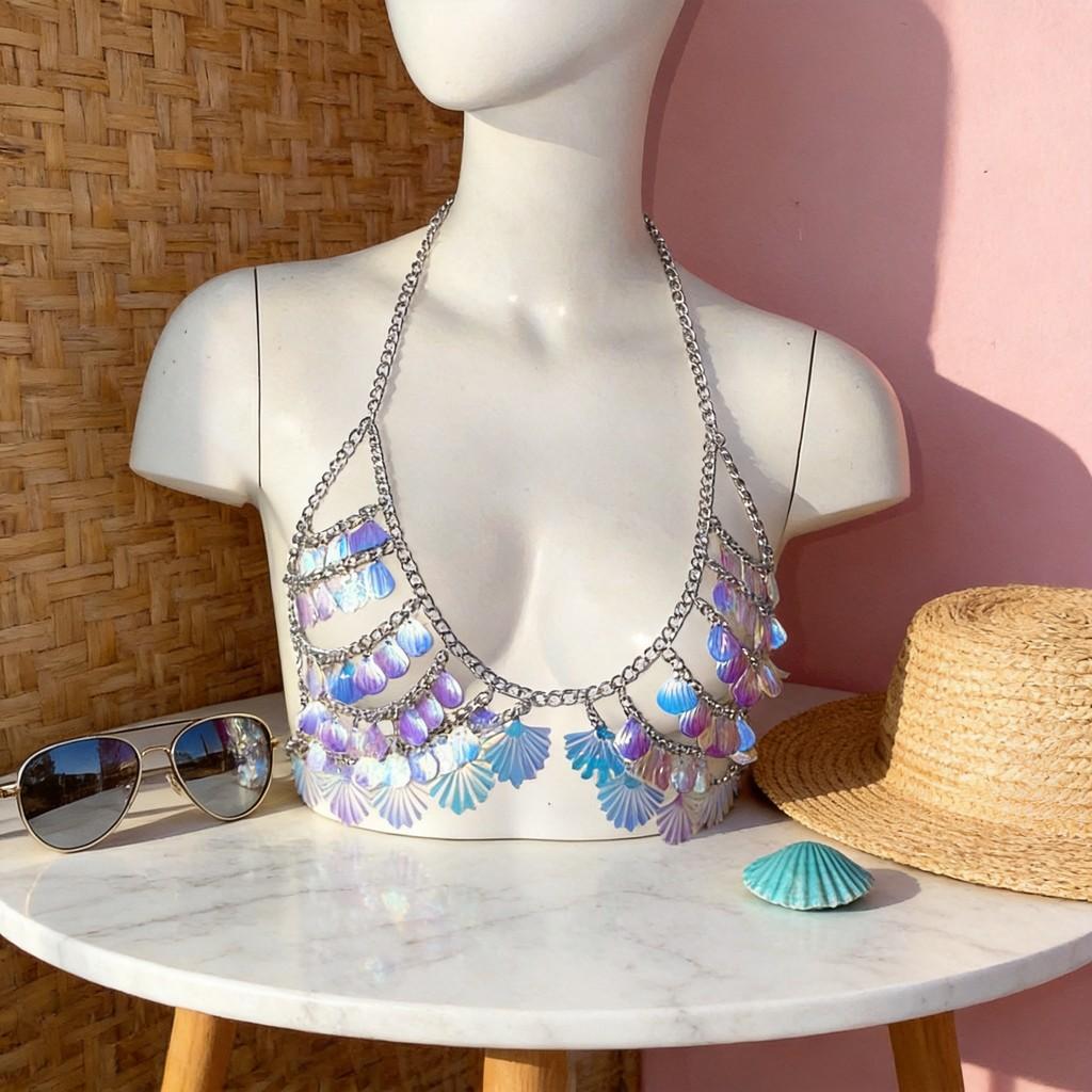 Summer Shell Body Chain For Women With Geometric Design And Alloy Material For Beach Party Wear