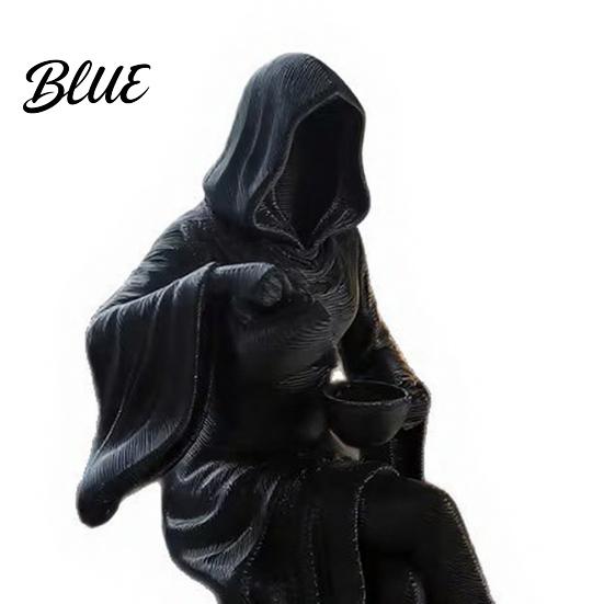 Eerie Window Sill Decor Black Hooded Robe Woman Statue Female Grim Reaper Pour Tea Collectible Figurine Mysterious Sculpture for Gothic Home
