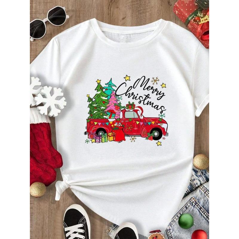 (European Size) Merry Christmas Tee New Year Holiday Top Festival Casual Tree Style Cute Women Print Lady Short Sleeve Fashion Graphic T-shirts