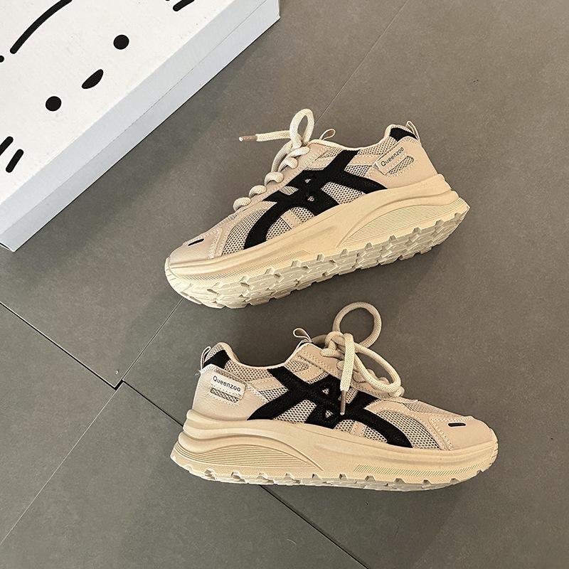 Fashion retro thick baseplate shoes splicing mesh shallow mouth sports shoes women's summer casual lace-up dad shoes running shoes