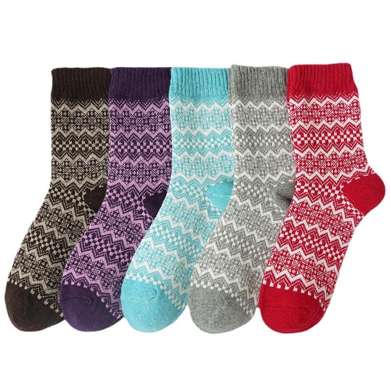 5/10 Pairs Comfortable Casual Women's Double Layer Wavy Pattern Wool Socks Autumn Winter Thickened Retro Mid Calf Socks Warm Women's Socks