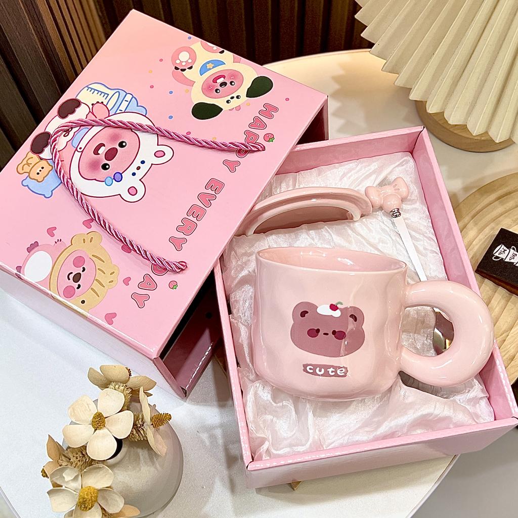 Household New Ceramic Cup Sets Gift Box Women 400ml Cute Cartoon Bear Handle Tea Mugs with Scoop and Lid Creative Cup to Friends