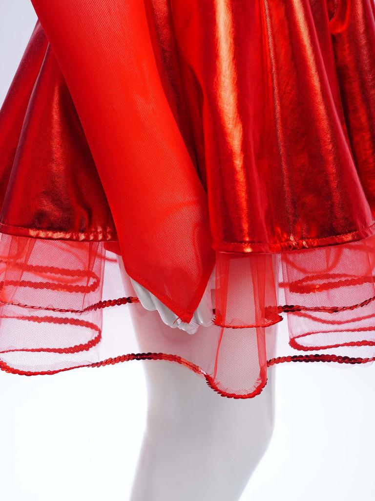 Mädchen Metallic Tutu Kleid Pailletten Durchsichtiges Mesh Langarm Design Schlüsselloch Rücken Funkelndes Tanzkostüm