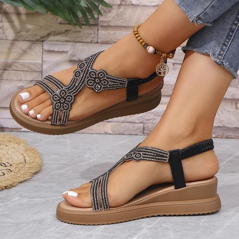 Fashion Rhinestone Decor Wedges Sandals for Women Summer 2025 Bohemian Style Platform Sandles Woman Thick Sole Non Slip Beach Sandalias