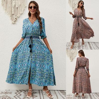 In Stock 2023 Rayon Bohemian Beach Dress with Three-Quarter Sleeves and Drawstring Waist