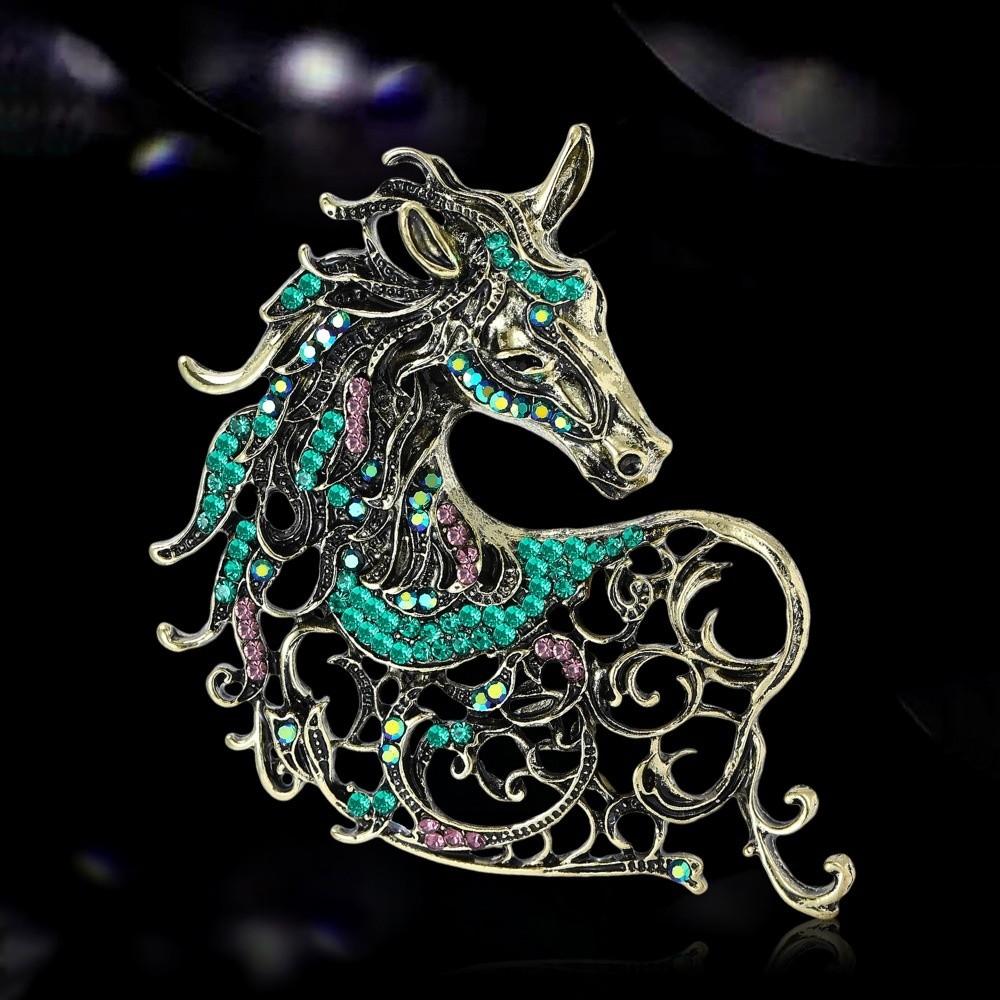 Hollow Out Rhinestone Horse Head Brooches Casual Metal Badge Pin Zodiac Animal Pins  for Women