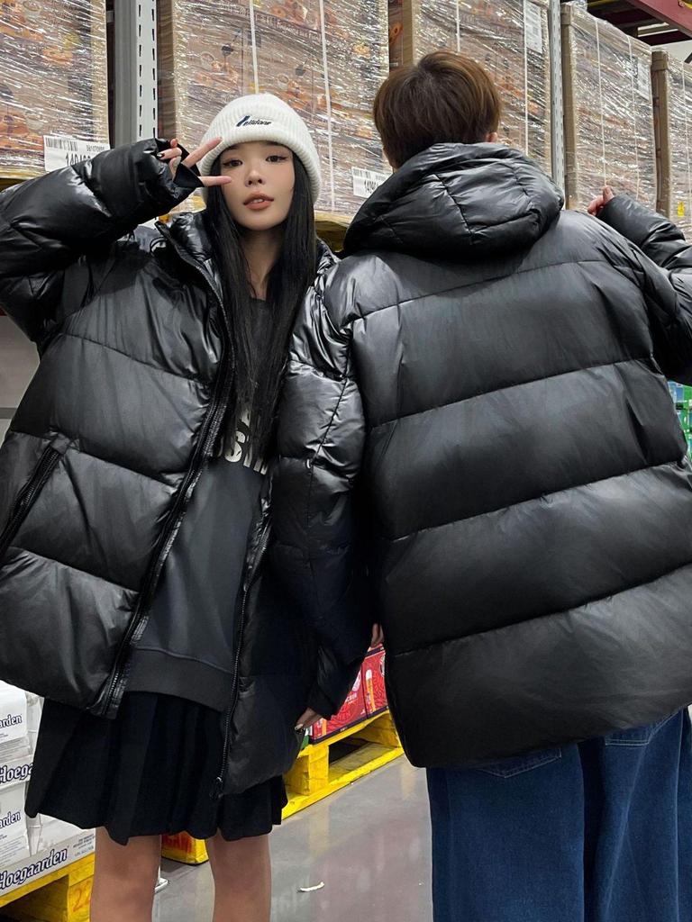 Unisex Black & Gold Winter Down Jacket with Velvet Lining, Thickened White Goose Down, Short Style
