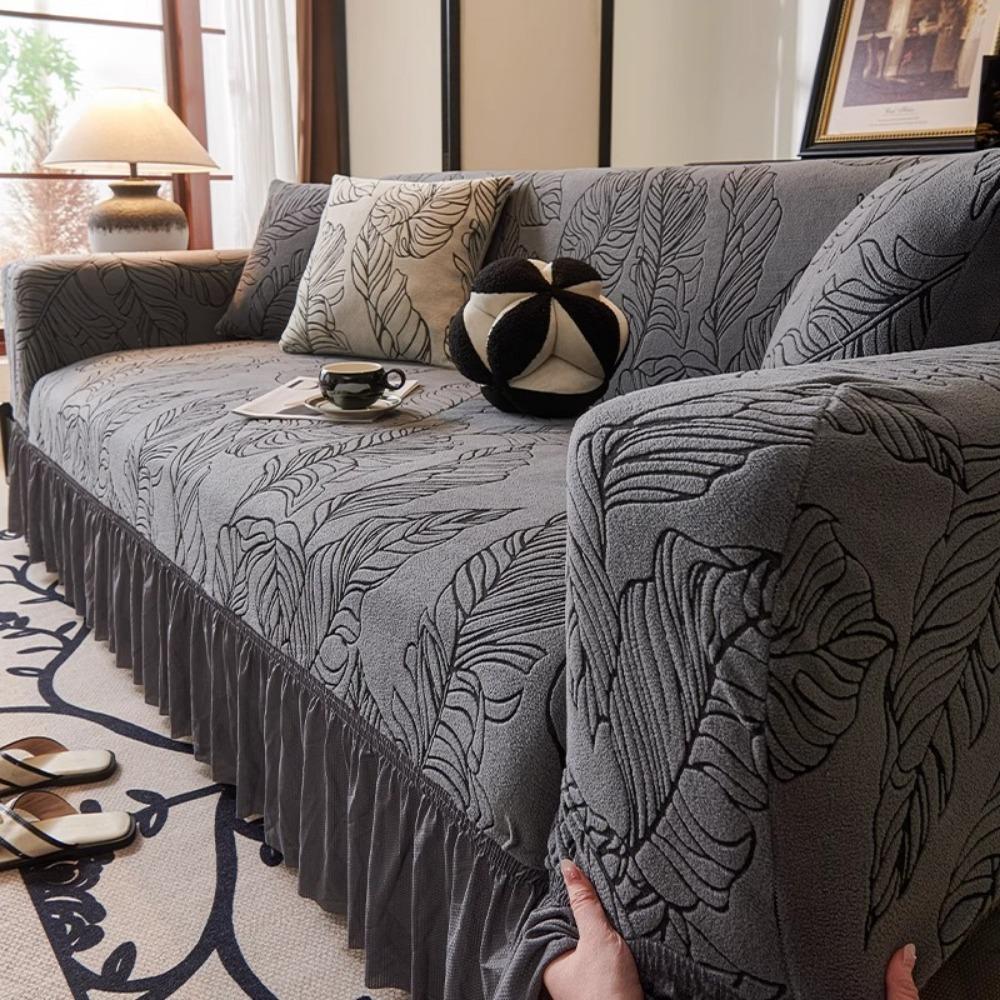 Jacquard Sofa Cover with Skirt Universal Full Coverage Stretch Slip Proof Fabric Couch Dust Protector
