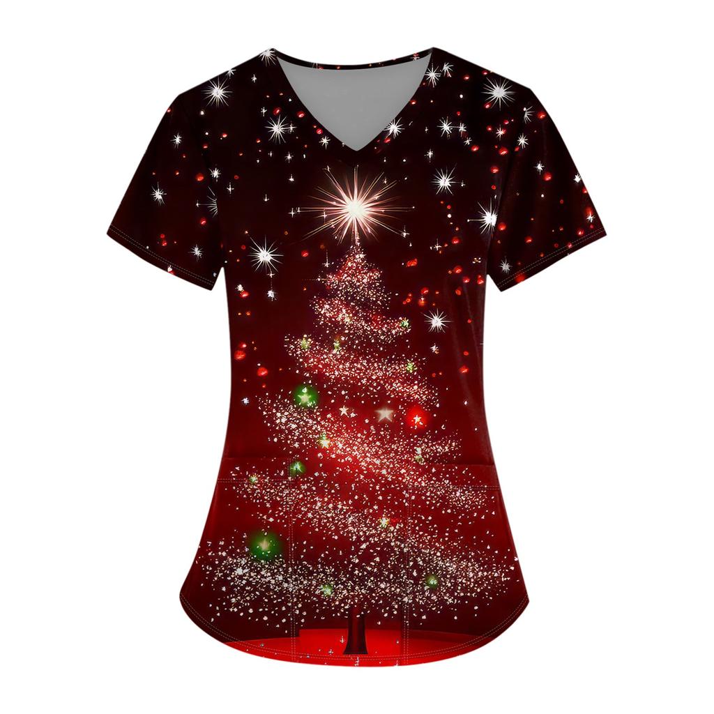 Hauts d'uniforme de travail imprimés grande taille pour femmes, col en V croisé, imprimé Halloween, manches courtes, t-shirts amusants, t-shirts de travail avec poches