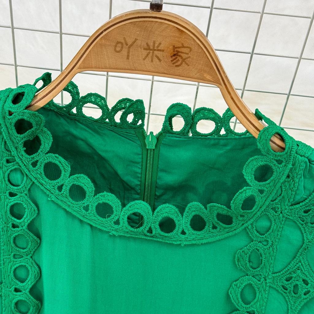 Court Style Elegant Dresses for Women Crochet Lace Hollow Out O-neck Lantern Sleeve Female Vestidos A-line Belted Dress Dropship