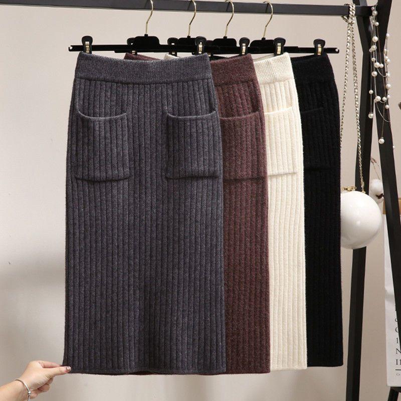 Women's Knit Skirt Autumn Winter Thick Hip Wrap Skirt Mid-length Pencil Skirt Midi Skirt Woolen Skirt with Pockets