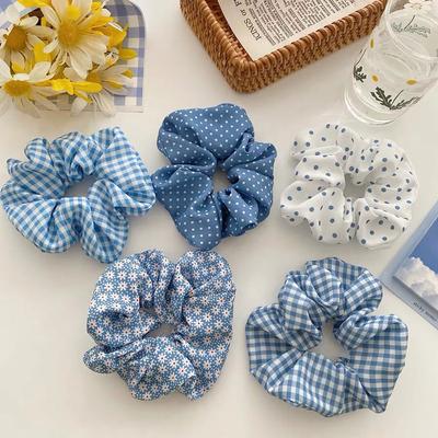 Bandeau bleu à carreaux tendance pour femmes Style coréen Imprimé floral Élastique pour queue de cheval Accessoires pour cheveux