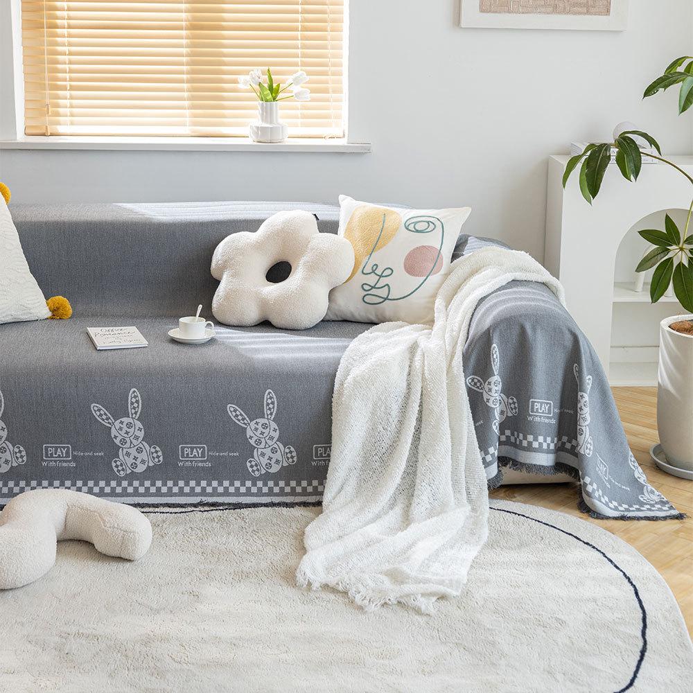 Cotton Thread Sofa Towel Cover Cloth Four Seasons Universal Anti-Scratching Non-Stick Wool Cartoon Jade Hare Simple Universal Thickened Non-Slip