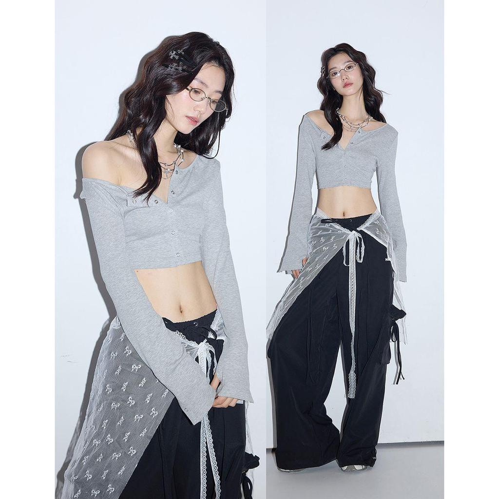 2025 Grey Women's Slim-Fit Long-Sleeve Short Top - Stylish Autumn Design