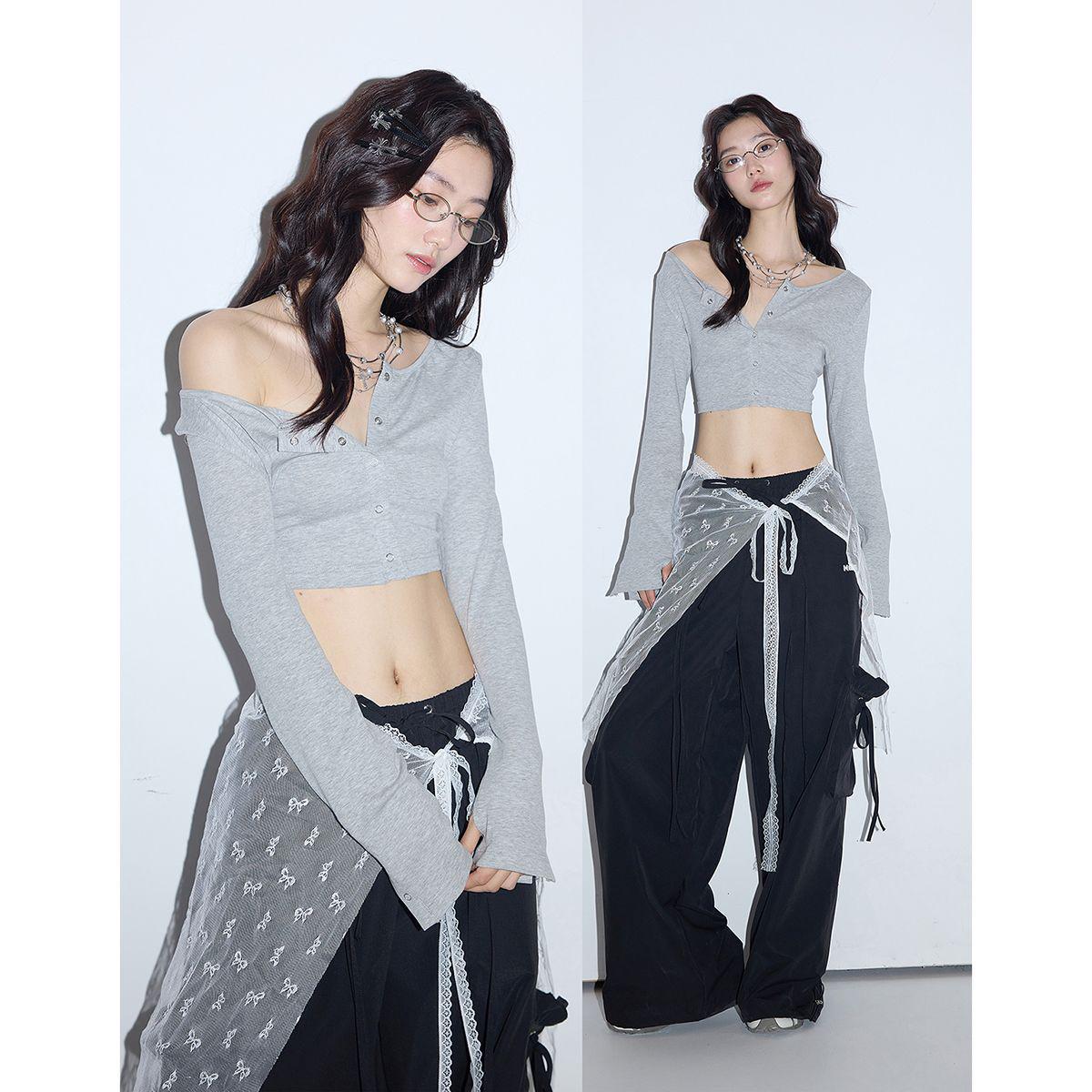 2025 Grey Women s Slim-Fit Long-Sleeve Short Top - Stylish Autumn Design XL серый