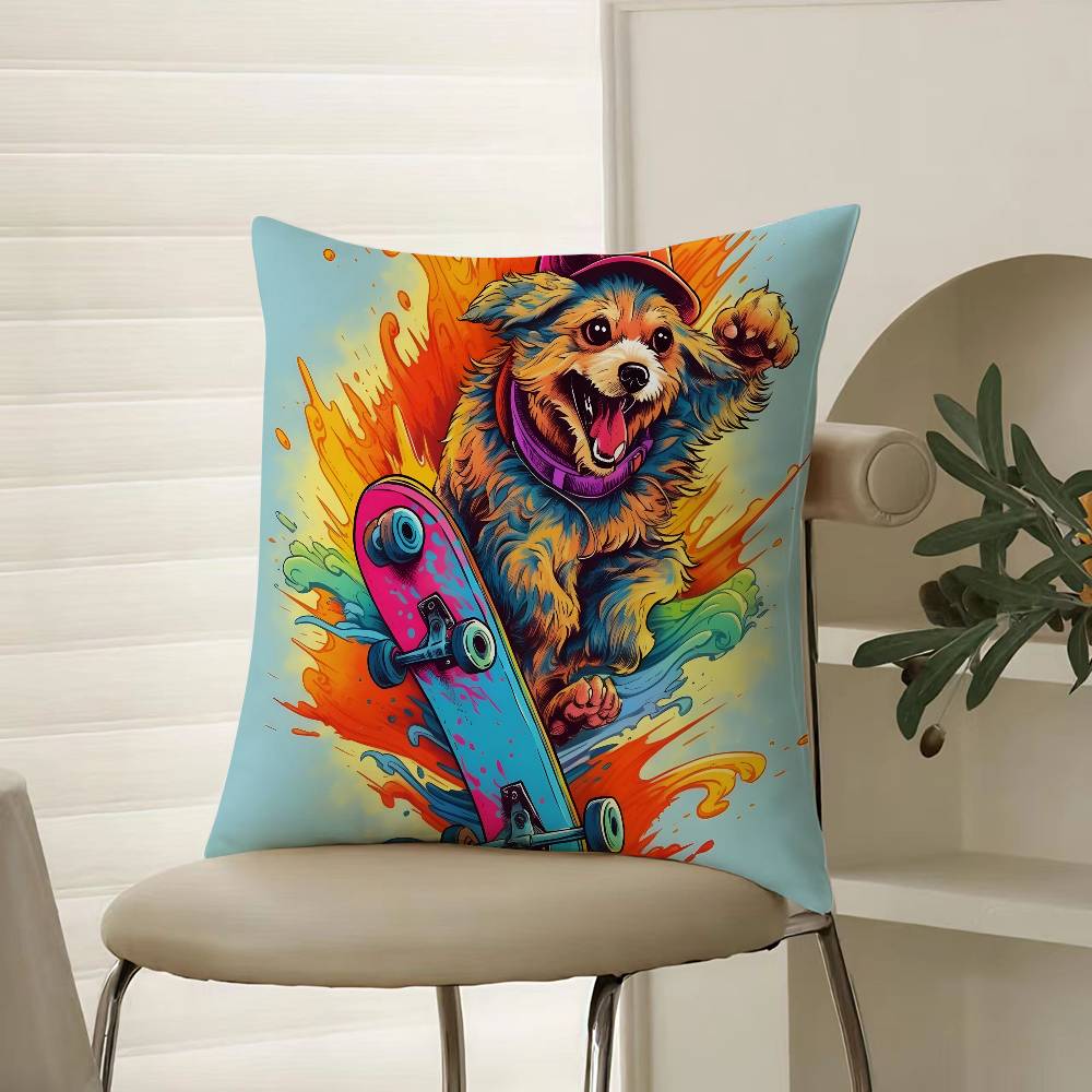 Retro Style Trendy Artistic Dog Pattern Pillow Case Comfort Sofa Bed Silky Elegant Invisible Zipper Decorative Cushion Cover