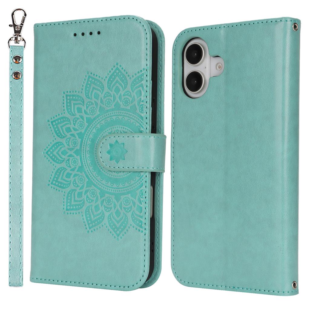 For iPhone 16 Stand Case Textured Leather Wallet Phone Cover with Strap