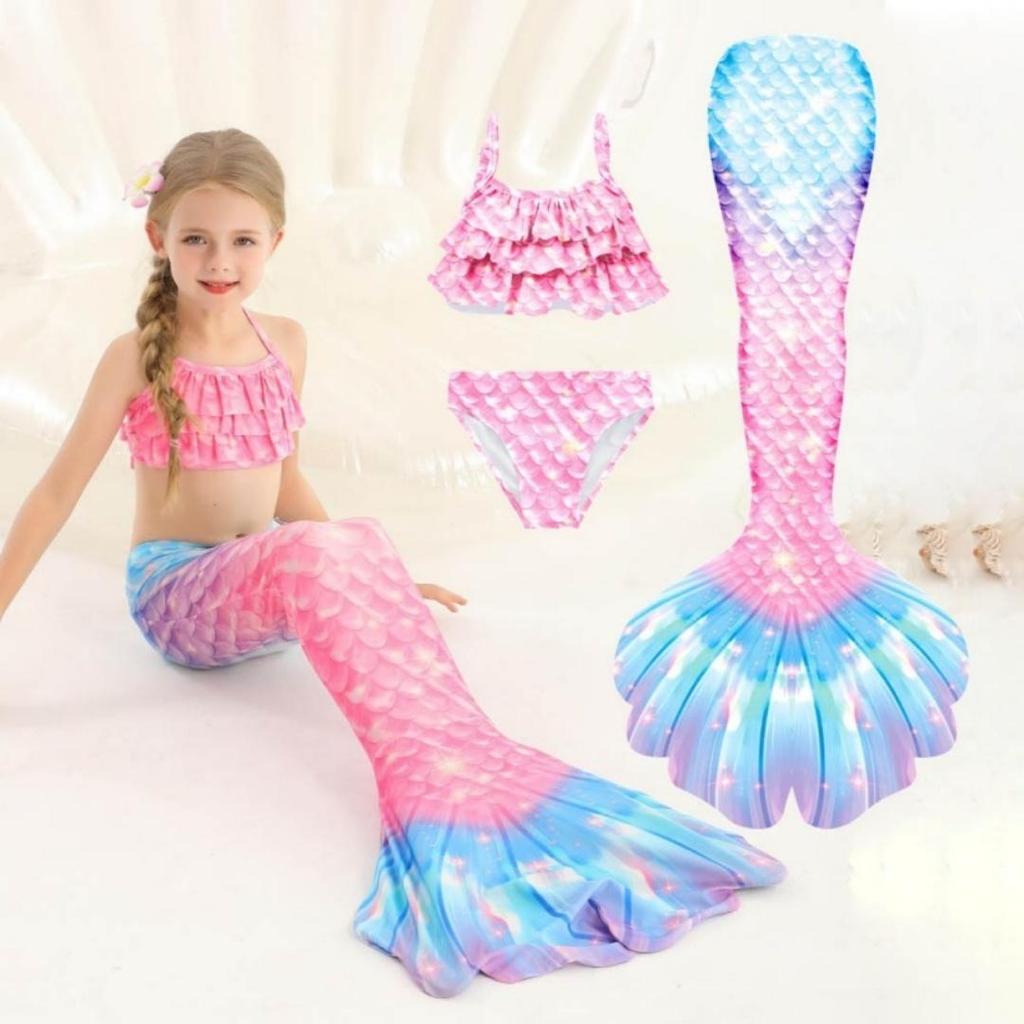 3Pcs Girls Mermaid Tail Swimsuit Children Memaid Swimwear Bikini Bathing Suit Halloween Costume Princess Beach Party Clothing