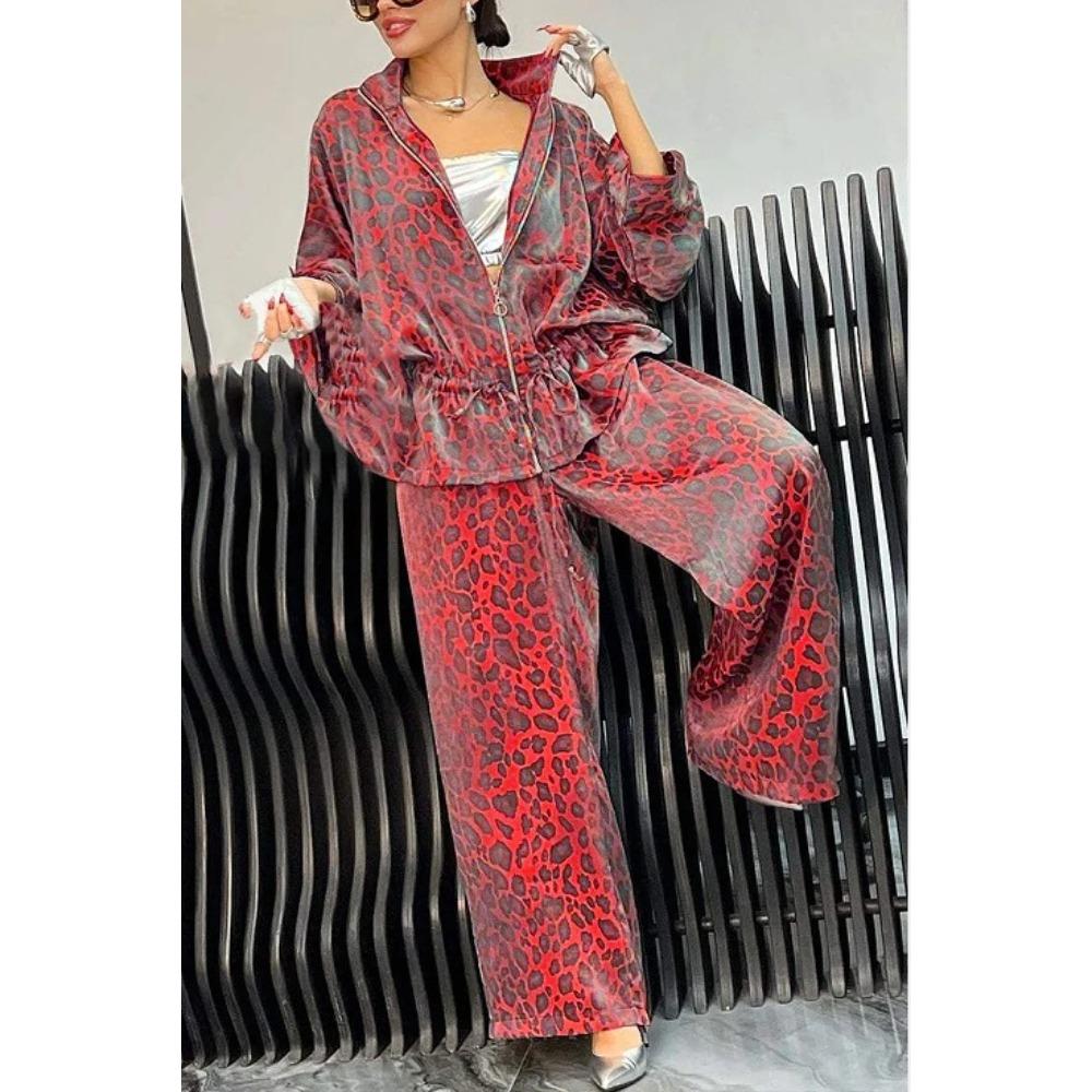Completo Due Pezzi da Donna in Velluto con Stampa Leopardo Giacca con Zip e Pantaloni a Gamba Larga Tuta