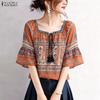 ZANZEA Women Summer Casual Square Collar Half Sleeve Loose Ethnic Print Blouse