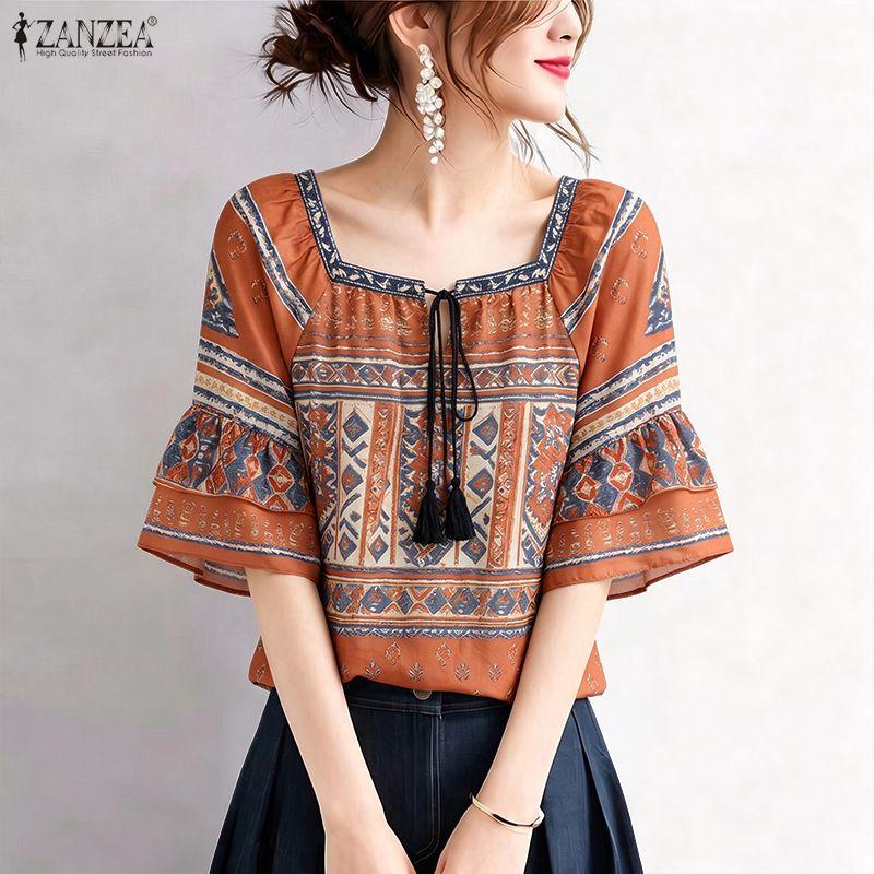 ZANZEA Women Summer Casual Square Collar Half Sleeve Loose Ethnic Print Blouse