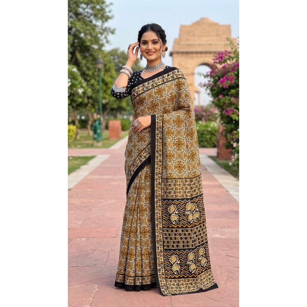 New Launch Beautiful Bagru Printed Mulmul Cotton Saree
