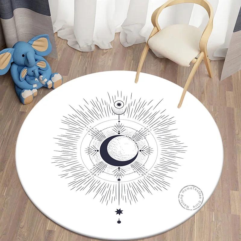 Mystery Constellation Printed Round Carpet Sun and Moon Living Room Rugs Camping Picnic Mats Anti-Slip Yoga Mat for Living Room