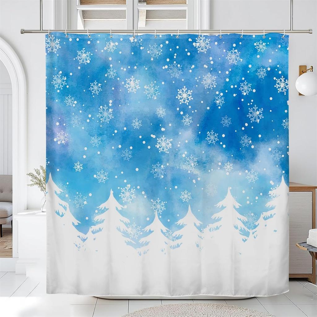 Winter Snowflake Shower Curtain Blue Sky Pine Trees Christmas Holiday Bath Decor Waterproof Fabric Seasonal Theme Home 70x80