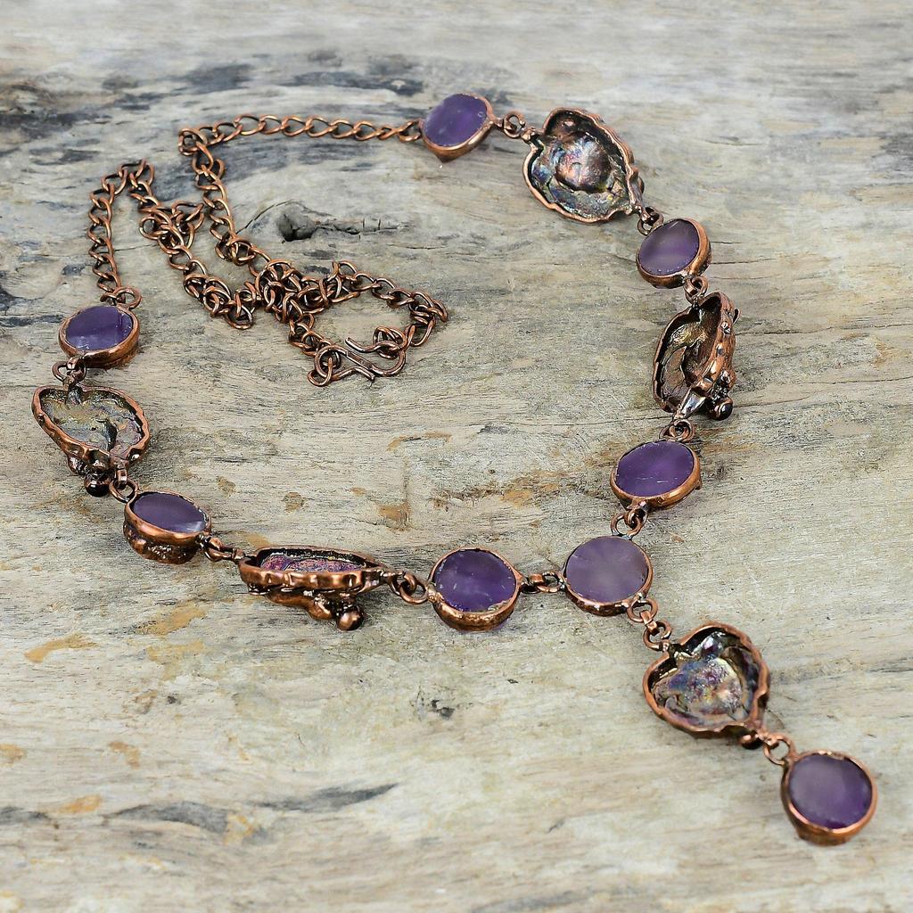African Amethyst Rough Necklace Electroformed Copper Gemstone Necklace Adjustable Chain Necklace Lion Face Necklace Handmade Antique Jewelry