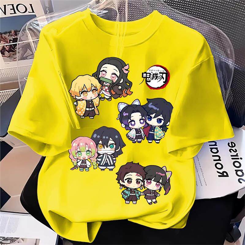 New Summer "Demon Slayer" Cartoon Print Pure Cotton Boys' and Girls' Round-neck Casual Short-sleeved Loose-fitting Shirt