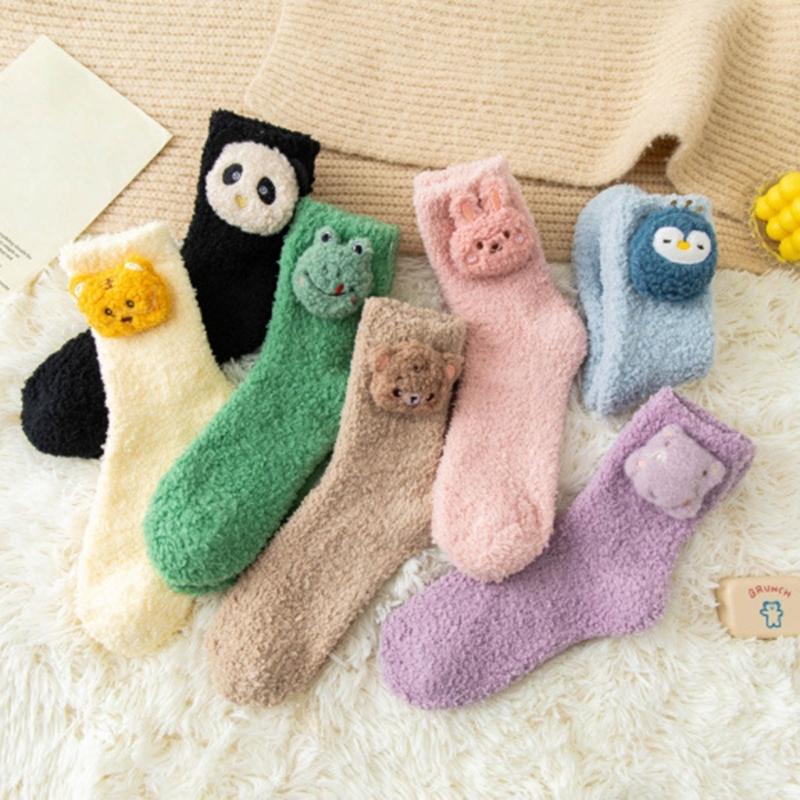 Japanese Women Girl Cute Coral Fleece Slipper Socks 3D Stuffed Animal Doll Thick Warm Thermal Fuzzy Floor Sleeping Socks