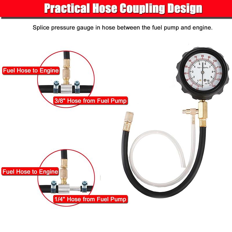 TU-114 Fuel Injector Pressure Gauge Tester Kit Diesel Engine Compression 0-140 PSI Gas Oil Pressure Tools for Car Motorcycle