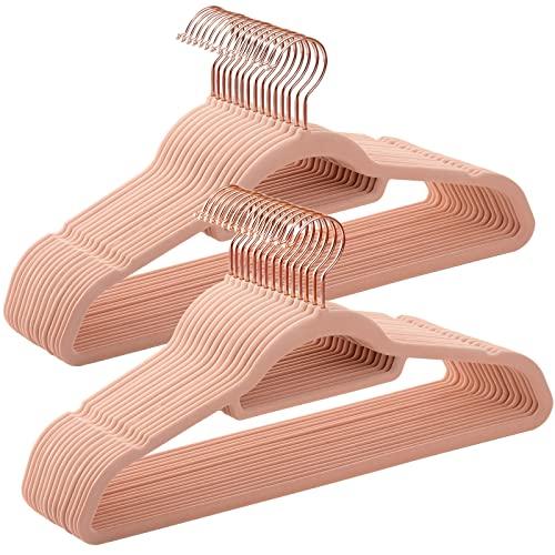 SONGMICS Velvet Hangers, Set of 30 Coat Hangers for Clothes, Non-Slip, with Tie Bar and Rose Gold Hook, Space-Saving, 0.6 cm Thick, 43.5 cm Long