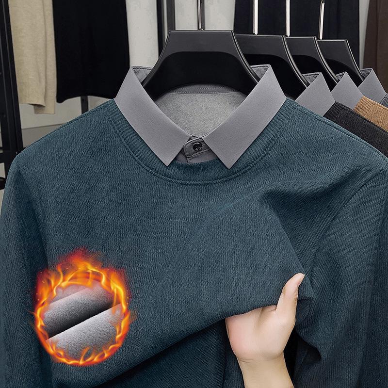 Men's Winter 2025 Faux Two-Piece Fleece-Lined Sweatshirt, Solid Color, Turn-Down Collar, Thick and Warm Long-Sleeve.