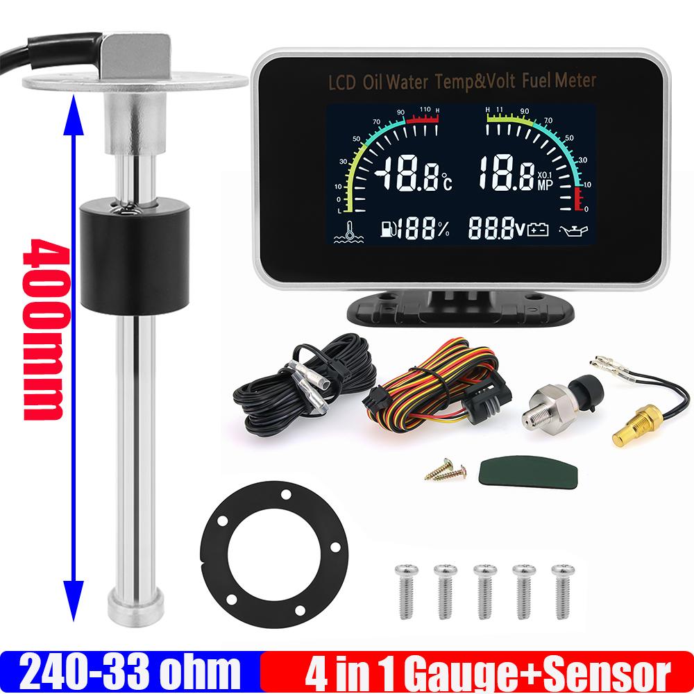 240-33 ohm Fuel Level Sensor 100-500mm 4 IN 1 Gauge with Alarm Fuel Level Gauge+Water Temp+Oil Press+Volt for Car Truck 12V 24V