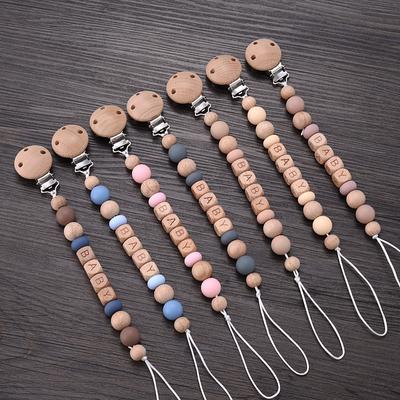 Baby Pacifier Clips Silicone Wooden Beech Beads Anti-Lost Pacifier Chain for Dummy Nipple Holder BPA Free Not Personalized