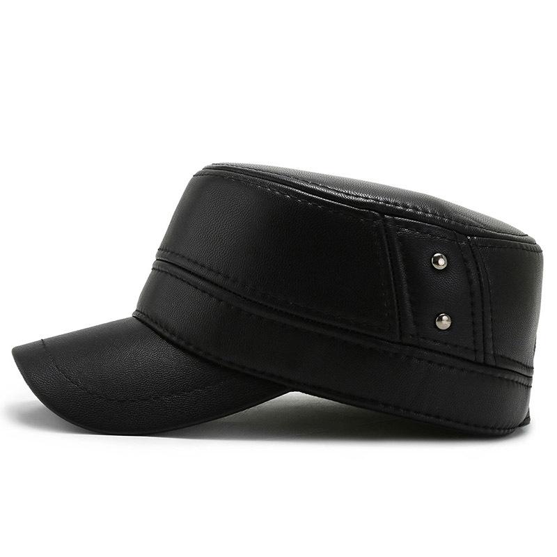New Winter Pu Thickened Cold and Windproof Ear Protection Casual Flat Top Hat, Military Hat