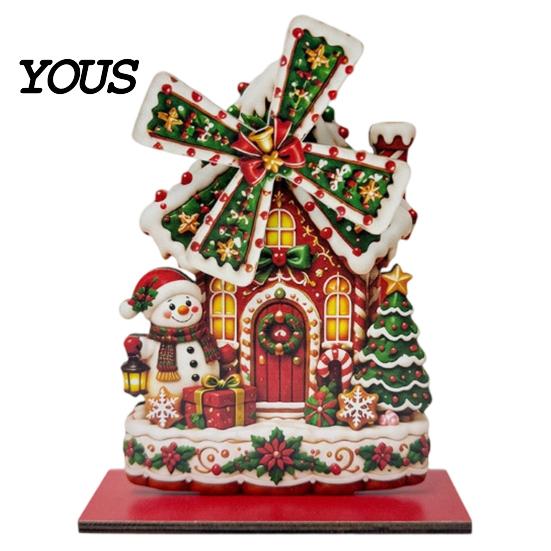 Handmade Christmas Atmosphere Props Windmill Wooden Ornament, Decorative Craft with Rotating Indoor Winter Holiday Display Blades, Figurine