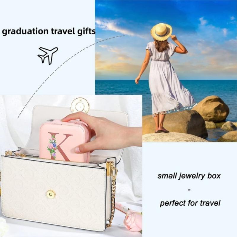 PU Leather Jewelry Box Mirror Storage Box 26 Letter Printed Portable Jewelry Organizer Earring Ring Necklace Case