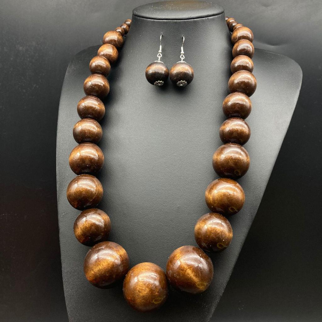 Bohemian Wooden Bead Necklace & Earrings Set